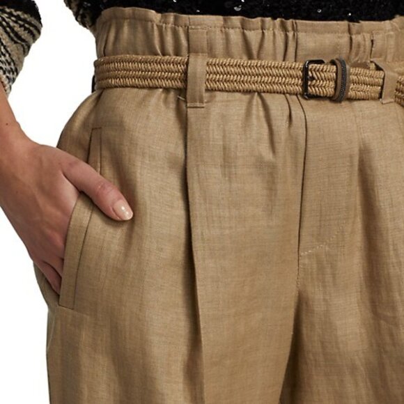 Brunello Cucinelli Linen Pants Tan Elastic Waist Pull On Relaxed Size 12 New Tag - Picture 1 of 8